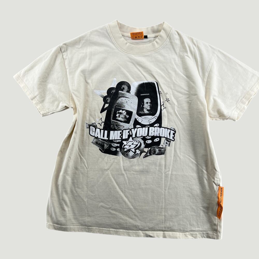 SMAKER Call Me If You Broke Graphic T-Shirt Beige Streetwear Men’s M